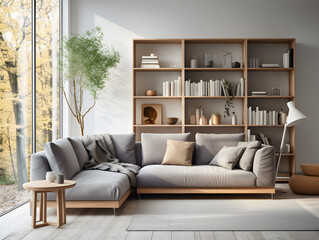 Grey sofa against window and book shelving unit. Scandinavian home interior design of modern living room. Generative AI