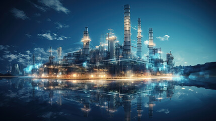Fototapeta na wymiar Refinery plant at night with reflection in water. Energy and industry concept