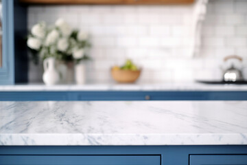 Close up of white marble counter top in modern kitchen blurred background. High quality photo