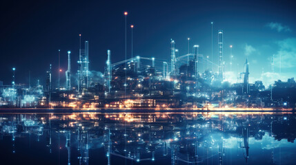 Fototapeta na wymiar Refinery plant at night with reflection in water. Energy and industry concept