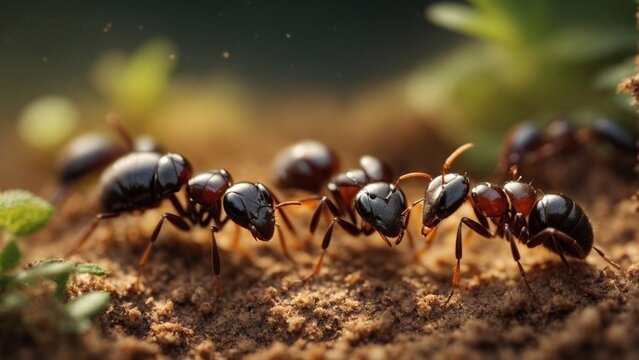 Close-up high-resolution image of an ant colony. Generative AI.