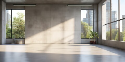 Contemporary empty hall, overlooking the living room. The space features concrete floors, plank ceilings, and blank white walls, providing ample copy space. Sunlight filters into the room.