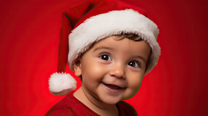 Toddler baby wearing red Santa's hat on a red background 