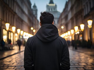 photo and focus of the back of a man wearing a black hoodie in the city. Generative AI