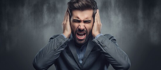 A stress stricken young man on a grey background is overwhelmed by noise covering his ears with both hands to cope with the situation