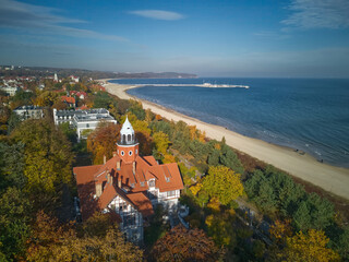 Aerial landscape of Sopot city at Baltic sea in autumn, Poland.