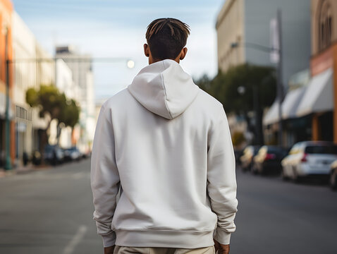 photo and focus of the back of a man wearing a white hoodie in the city. Generative AI