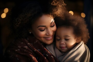 Black african american dark-skinned happy loving mother hugging her baby at home. Generative AI