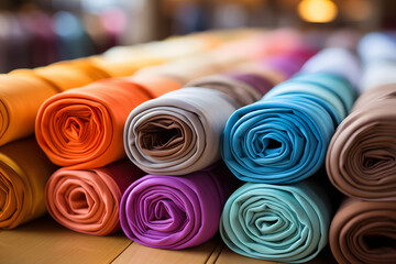  Rolls of colorful fabrics stacked in a textile shop.