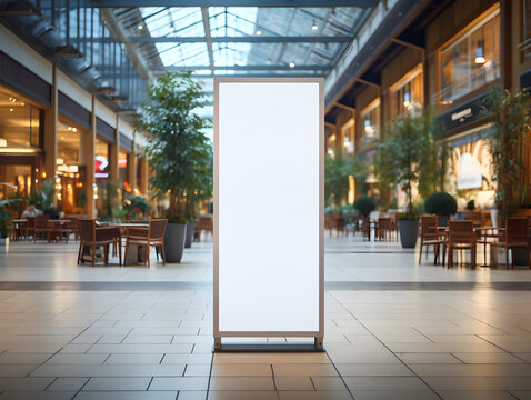 roll up mockup poster stand in an shopping center or mall environment as wide banner design with blank empty copy space area. Generative AI