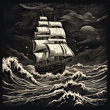 Sailing ship in the middle of the ocean, black and white illustration, woodcut style, AI generated Image