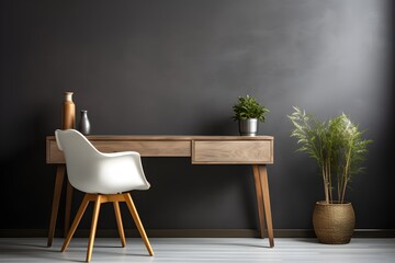 Workplace with white chair at wooden drawer writing desk against of window near dark grey wall Interior design of modern scandinavian home office. Generative AI