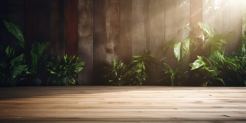 An empty, old wooden plank wall  a concrete floor, with a backdrop of a lush tropical garden. Sunlight filters through, casting a warm glow