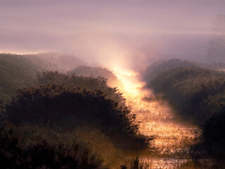 Niezapomniane widoki i klimaty może tworzyć poranna  gra światła i mgieł, wśród roślinności nad brzegiem małej rzeki