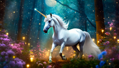 Unicornio galopando en bosque fantástico con flores y luciérnagas - obrazy, fototapety, plakaty