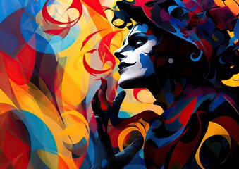 An abstract composition of a jester's silhouette against a backdrop of swirling colors and shapes.