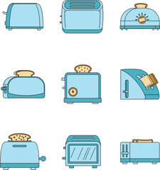 Toaster kitchen bread gourmet oven icons set. Outline illustration of 9 toaster kitchen bread gourmet oven vector icons thin line color flat on white