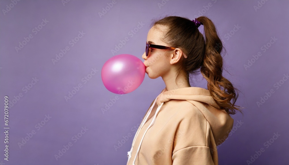 Wall mural een igen girl wear stylish trendy sunglasses and hoodie blowing bubble gum profile side view, pretty young woman fashion cool model with bubblegum 80s at party purple studio background