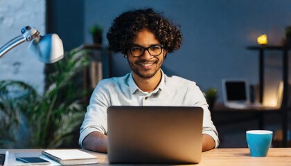 Smiling young curly indian latin ethnic business man or student wearing glasses remote working overtime, learning online late at night at home or in dark office using laptop computer at workplace - obrazy, fototapety, plakaty
