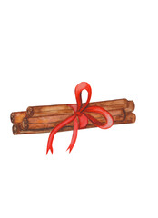 watercolor drawing of cinnamon. cinnamon sticks with red bow. for your creativity