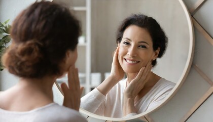Happy 50s middle aged woman model touching face skin looking in mirror reflection. Smiling mature old lady pampering, healthy moisturized skin care, aging beauty, skincare treatment cosmetics concept - obrazy, fototapety, plakaty