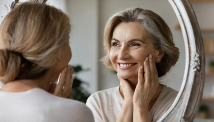 Happy 50s middle aged woman model touching face skin looking in mirror reflection. Smiling mature...