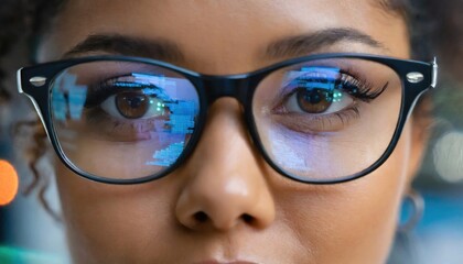Focused crypto trader analyst wearing eyeglasses working looking at computer screen reflecting in glasses analyzing online trading stock exchange market data charts. Close up eye reflection - obrazy, fototapety, plakaty