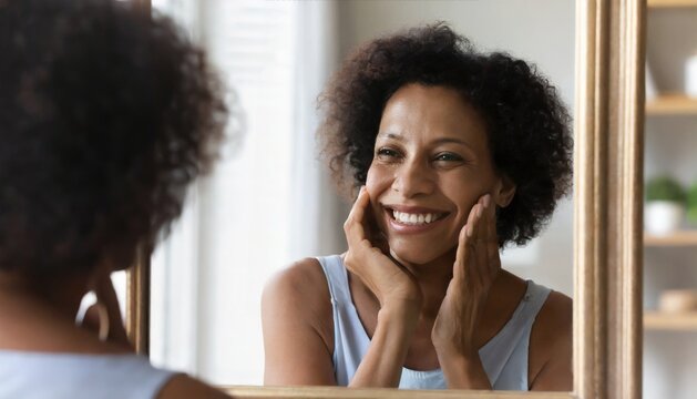 Happy 50s middle aged woman model touching face skin looking in mirror reflection. Smiling mature old lady pampering, healthy moisturized skin care, aging beauty, skincare treatment cosmetics concept