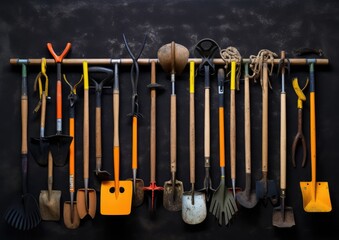 Naklejka premium An abstract photograph of a landscaper's tools, arranged in a visually pleasing composition. The
