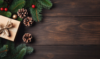 Fototapeta na wymiar Christmas background, dark wooden table, fir tree and pine cones 