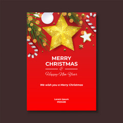 Fototapeta na wymiar Merry Christmas and Happy New Year. Greeting card or poster template design with beautiful decoration