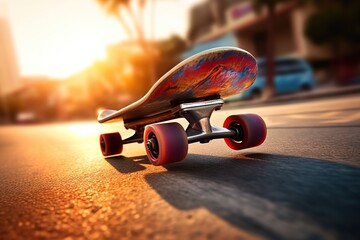 Close-up of skateboard wheels rolling over pavement with motion blur