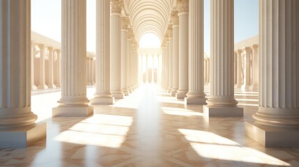 Sunlight gently filters through the columns, casting a warm glow in the long, white corridor, creating a serene and inviting ambiance.