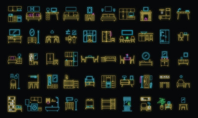 Interior room. Objects in house. Home inside furniture icons set. Outline illustration of 50 Interior room objects house inside furniture vector icons neon color on black