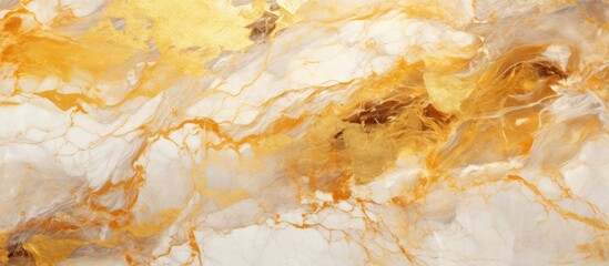 A naturally occurring stone tile with a white and golden color has a texture resembling that of golden marble