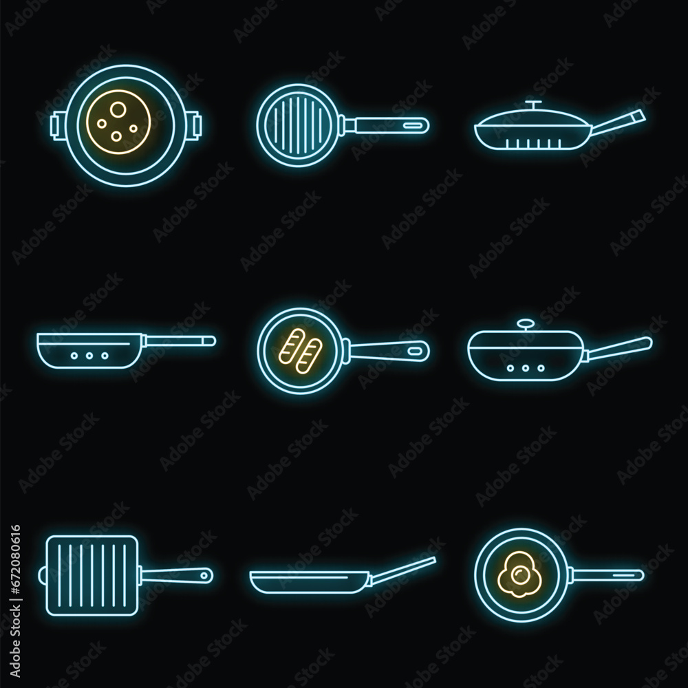 Poster griddle pan icon set. outline set of griddle pan vector icons neon color on black