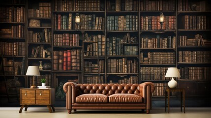 A library wall adorned with rows of old ancient books, containing a wealth of historical texts and manuscripts. - obrazy, fototapety, plakaty