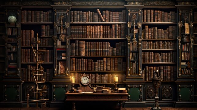 A library wall adorned with rows of old ancient books, containing a wealth of historical texts and manuscripts.