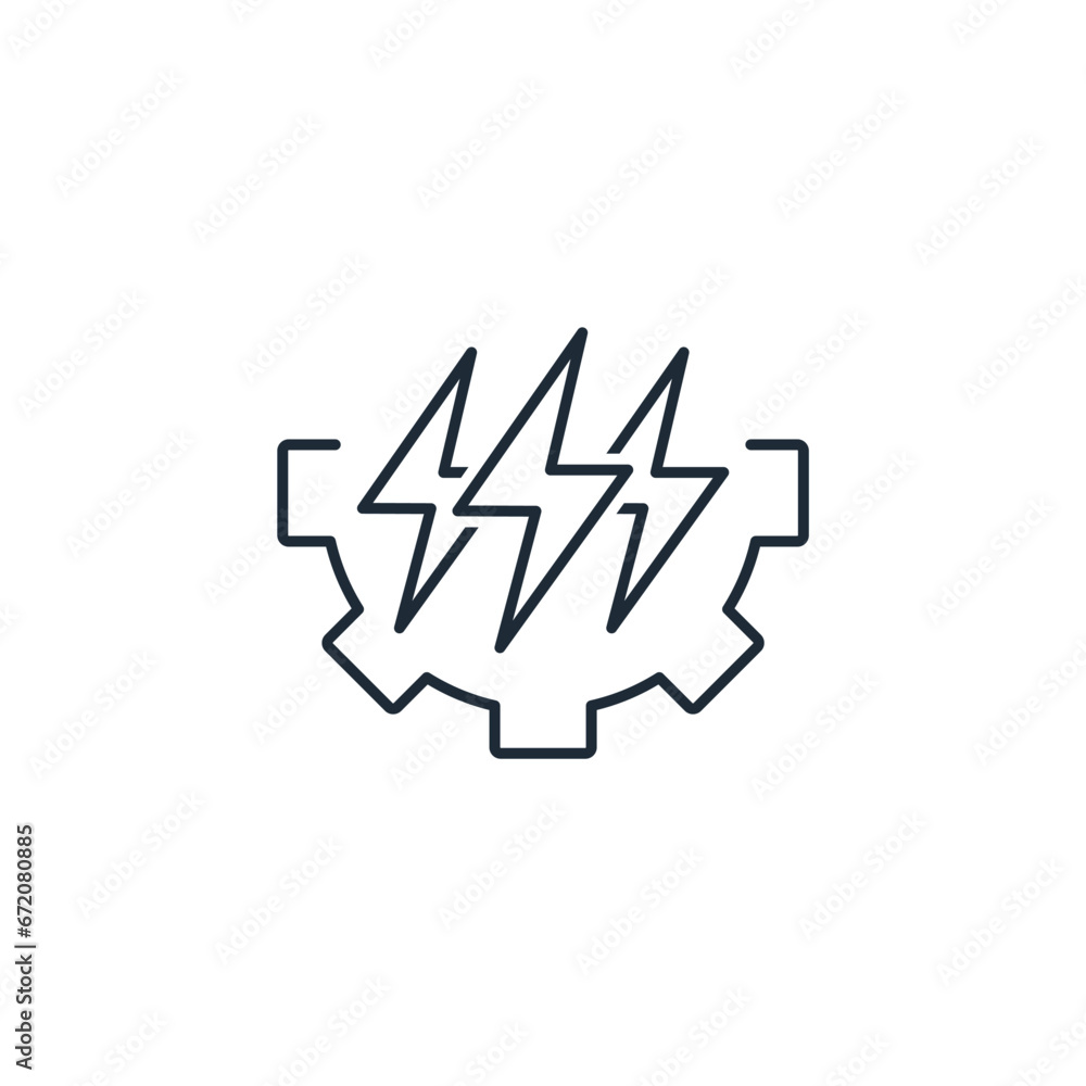 Poster gear with triple lightning. powerful technique, process, solution. vector linear icon isolated on wh