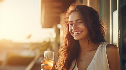 Blissful youthful lady clinks glasses with scrumptious cocktails with companion investing time together on enhanced porch on summer day near see. - obrazy, fototapety, plakaty