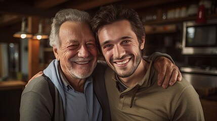 An grown-up child and senior father inside at domestic, embracing