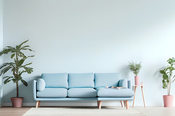 Pastel light color - interior accent. Sky blue of walls and furniture. Modern reception or lounge area of ​​the house. Living room interior mockup design. 