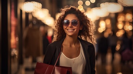 Deal, mold, individuals and extravagance concept - cheerful wonderful youthful lady in dark shades with shopping packs over occasions lights foundation - obrazy, fototapety, plakaty