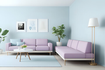 Pastel light color - interior accent. Sky blue of walls and furniture. Modern reception or lounge area of ​​the house. Living room interior mockup design. 3d rendering.