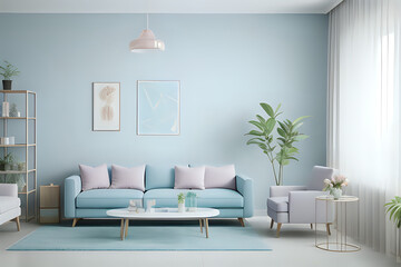 Fototapeta na wymiar Pastel light color - interior accent. Sky blue of walls and furniture. Modern reception or lounge area of ​​the house. Living room interior mockup design. Modern living room.