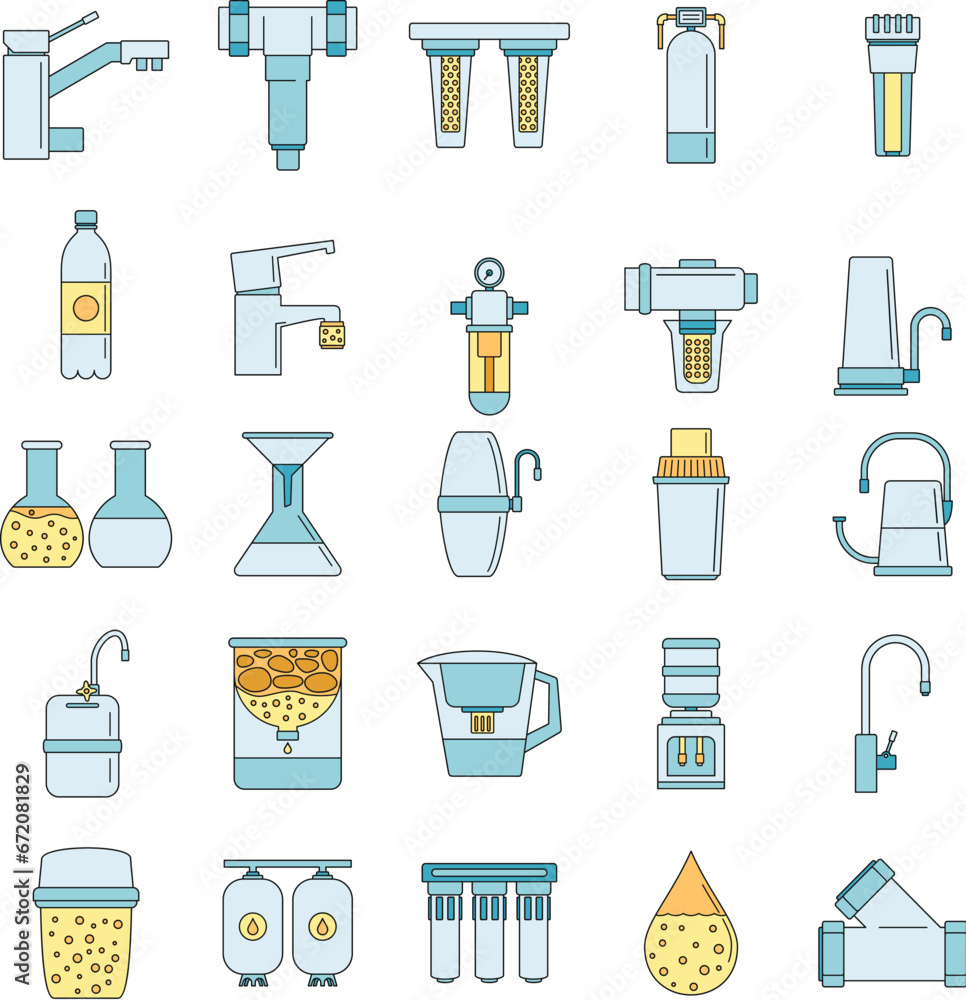 Poster filter water system icon set. outline set of filter water system vector icons thin line color flat o