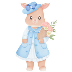 Watercolor cute rabbit in blue dress, for decoration invitation and greetings