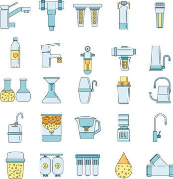 Filter water system icon set. Outline set of filter water system vector icons thin line color flat on white