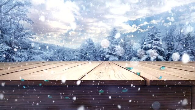 Empty wooden table with snowfall in winter. 4K animated video background for your advertising products