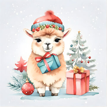 Watercolor painting of cute llama alpaca with Christmas gifts, isolated on snowing background. Illustration for design, invitation, greeting card or template. Xmas and New Year concept